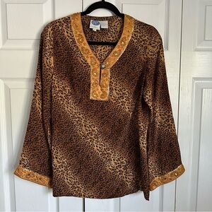 Vtg DG2 by Diane Gilman Blouse Womens Small Brown Leopard Silk Embellished Tunic